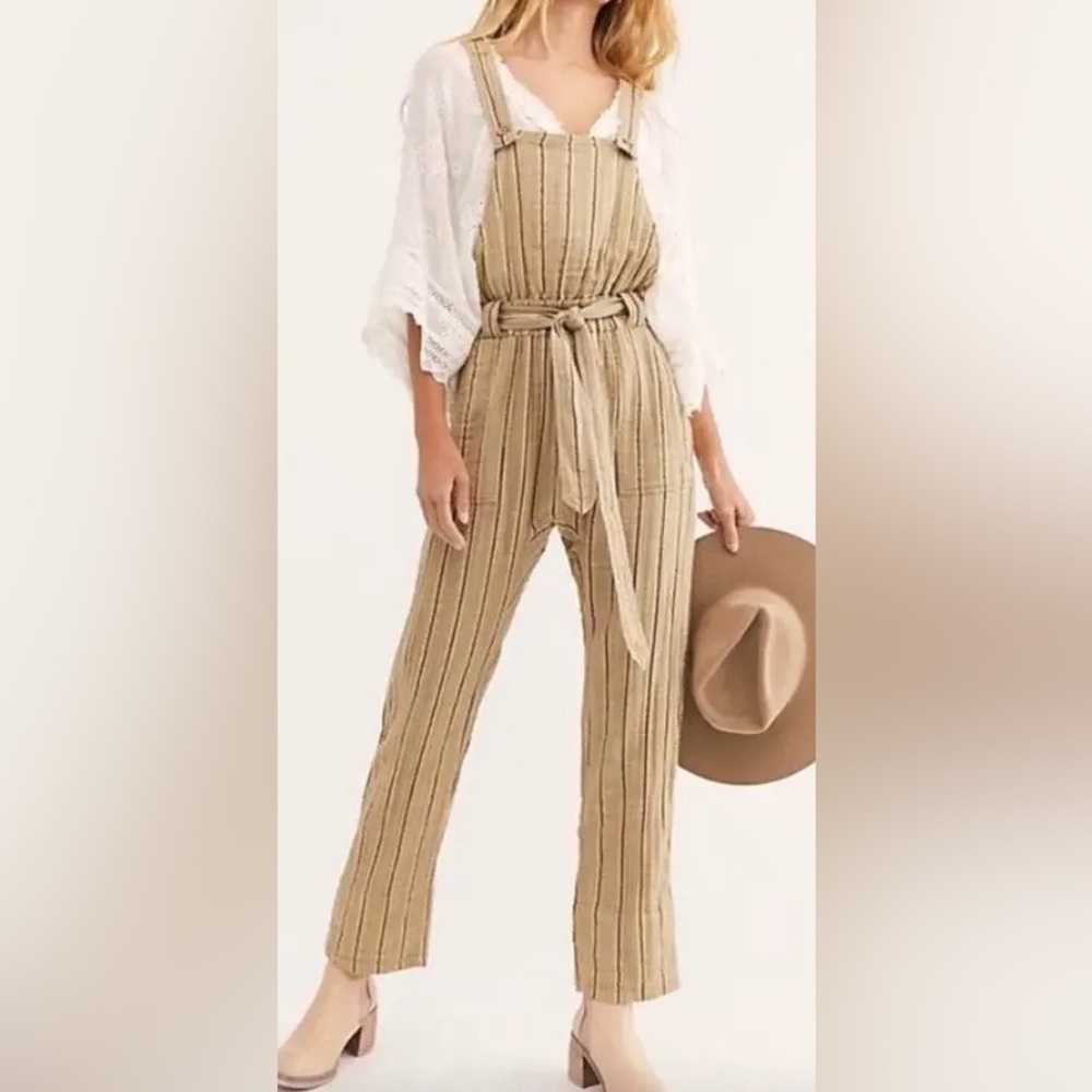 $128 NWT FREE PEOPLE ONE BALLAST STRIPED BELTED OVERALL JUMPSUIT MOSS Sz S